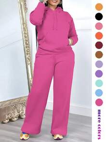 Women's Casual 2 Pieces Set, Solid Color Elegant Long Sleeve Hooded Sweatshirt With Drawstring Pocket And Straight Leg Drawstring Pants Suit Spring - Hot Pink - View 3