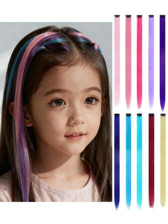 22 英寸儿童夹式彩色接发，一体式无缝隐形高温纤维夹式接发，适合女孩