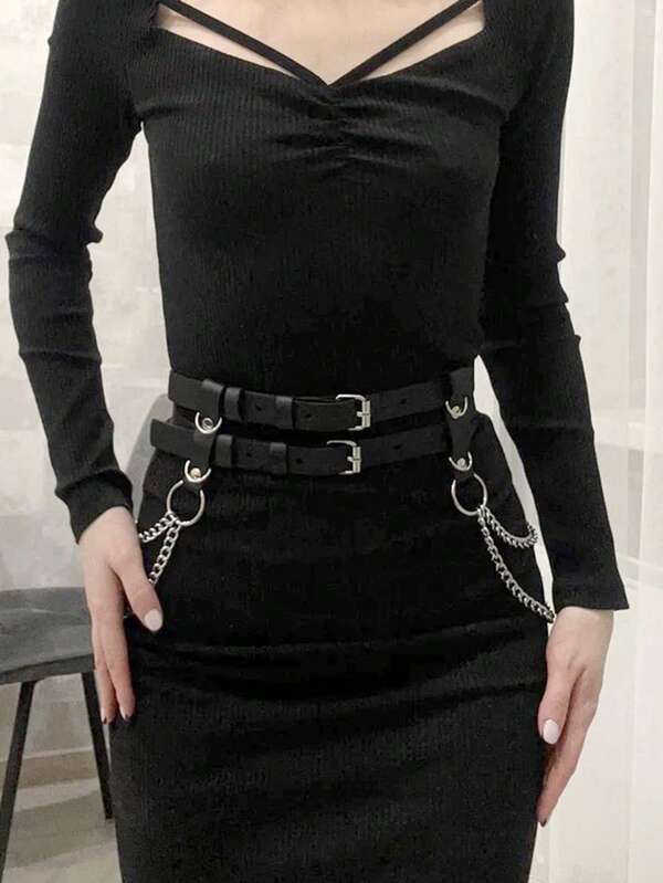 Cinturón de cuero con corsé y cadena, arnés con cadenas, joyería de cadena corporal estilo Y2K punk para mujeres, cinturón de disfraz de rave, accesorios eróticos, lencería sexy, accesorios para Halloween, Navidad, San Valentín, citas, fiestas