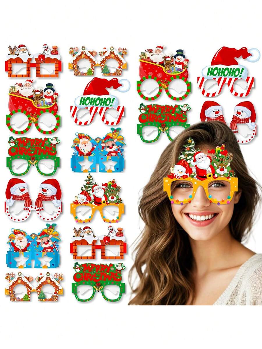 8/16 Pcs Christmas Glasses Paper Eyeglasses,Santa Snowman Elk Design Xmas Photo Booth Props For Christmas Decoration Holiday Celebrations Christmas Party Supplies - Multicolor - View 1