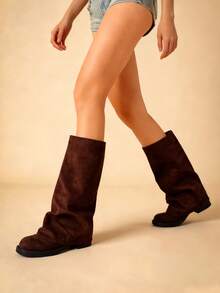 Slouchy Mid-Calf Boots For Women Fold Over Round Toe Pull On Chunky Heels Wide Calf Boots Casual Low Heel Knee High Knight Boots For Women Outdoor   - Da lộn màu nâu - Xem 5