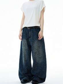 American Gradient Leopard Print Loose Straight Leg Pants For Boys, Niche Hip-Hop Retro Wide Leg Color Blocked Jeans