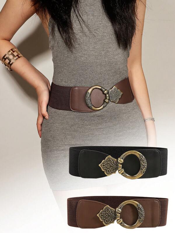 1 pezzo Cintura vintage in vita elastica per donna, fibbia in metallo intagliata consumata, versatile per abiti e camicie, corsetto in vita elastico