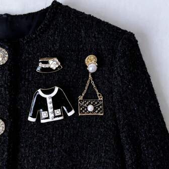 3 件胸针套装：珍珠山茶花帽针 + 经典夹克针 + 链条包胸针，奢华复古时尚配饰