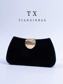 1pc Luxury Velvet Box-Shaped Party Handbag, Unique Scallop Shell Clasp Decor Evening Bag, Suitable For Banquet, Ball, Formal Dress Matching, Minimalist Square Formal Party Crossbody Bag, Tready Party Bag, Perfect For Party, Wedding, Prom, Gala/Banquet, Ideal Accessory For Women's Prom Dress, Prom Attire, Sequin Dress, Shiny Dress, Women's Elegant Dress. - Black - View 3
