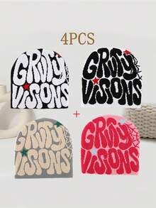 2pcs "GRVTY VISIONS" Hip Hop Beanie Cap Unisex Y2k Fashionable Cold Knitted Hat Outdoor Winter Thermal Cap Men's & Women's Wear Fall Outfit
