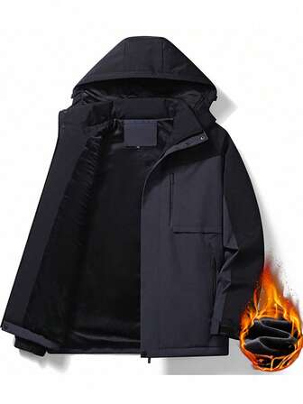 Winter Thermal Lined Long Sleeve Coat Men, Loose Casual Windbreaker With Detachable Hood