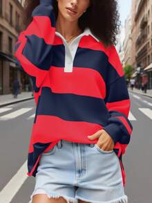 Y2k Women Striped Rugby Polo Shirt Long Sleeve Collared Oversized Vneck Sweatshirt Vintage Jersey Girls Streetwear - 紅木色 - 查看 1