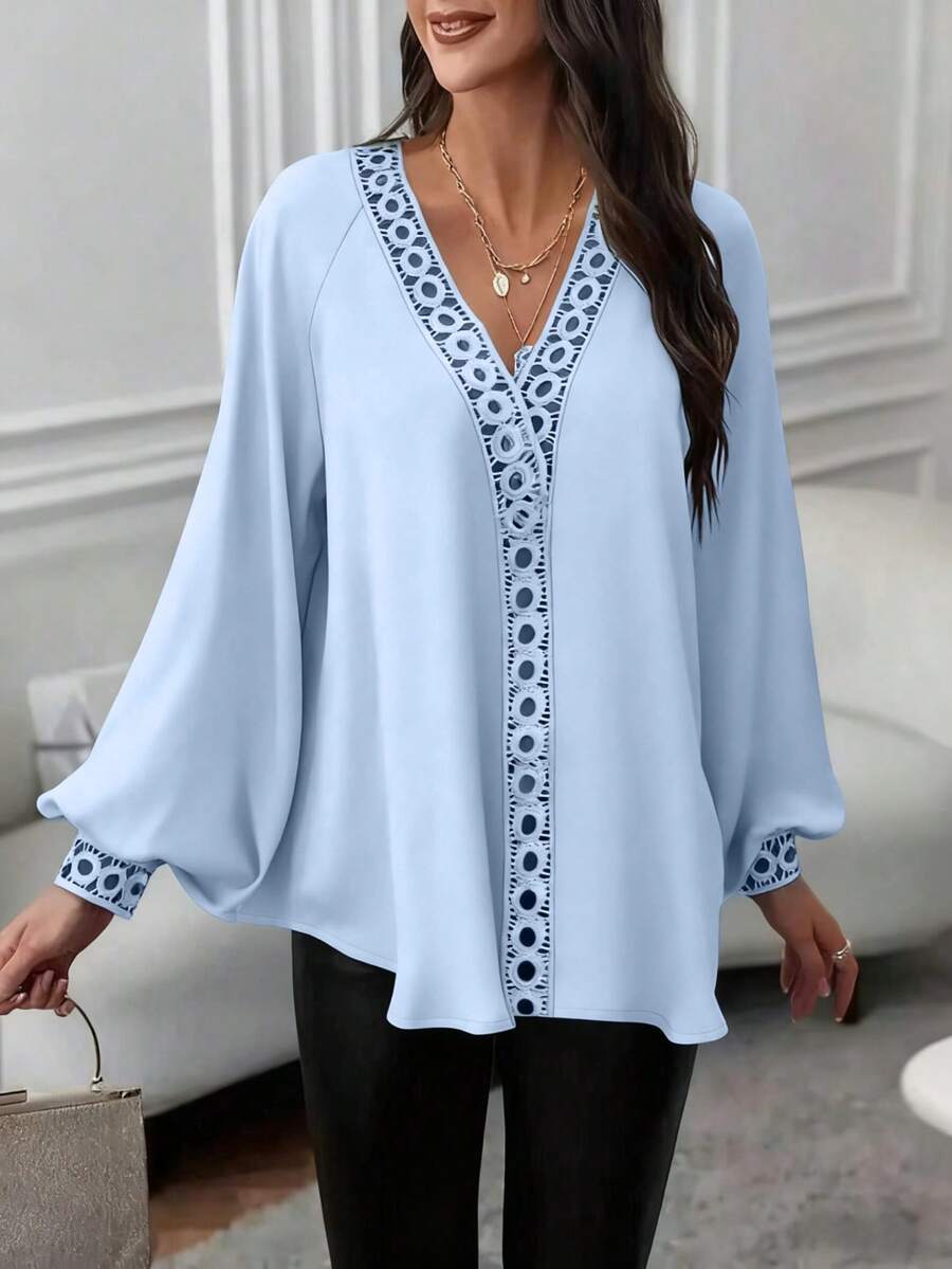 Blusa de manga larga con volantes de unicolor, la talla grande vendida para la vuelta al cole en otoño - Azul - Ver 1