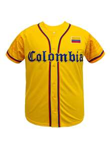 KTYSDE 男士黄色棒球衫，哥伦比亚字母刺绣宽松V领短袖纽扣开衫，哥伦比亚风格运动上衣，适合运动和休闲街头时尚，棒球迷礼物，男女通用