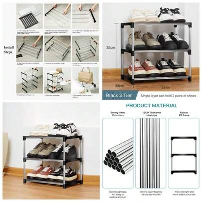 Shoe Rack, Stackable Small Shoe Racks 3 Tier, Footware Storage, Slim Shoe Rack Storage Organizer, Black Shoe Stand Hallway, Bedroom, Quick Assembly