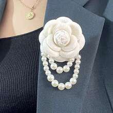 1pc Vintage Chic Fabric Camellia Brooch With Pearl Tassel Flower Shawl Clip Pin For Women, Great For Formal Dances, Weddings, Parties - trắng - Xem 4