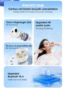 PHILIPS TWS Bluetooth wireless headphones, TAT1199,AI noise reduction,Spatial sound effects, long battery life, Low latency, waterproof for sports, non-pressure to wear - 白色 - 查看 4