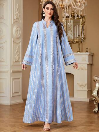 SISKAKIA Embroidered Polka Dot Woven Fabric Embroidery Sequin Patchwork Dress, Embroidered Robe For Holiday, Birthday Party, Formal Dinner, All Seasons