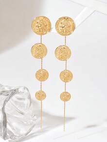 1 Pair New Autumn/Winter Long Tassel Geometric Goddess Head Coin Elegant Everyday Earrings