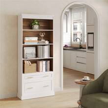 LITTLE TREE Inch Tall White Bookcase, 5-Tier Wooden Open Display Bookshelf With 2 Drawers Fits Letter, Legal, A4 Size, Modern Floor Standing Storage Organizer For Home Office & Living Room,Bedroom - 白色 - 查看 5