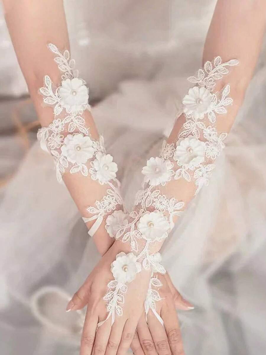 White Bridal Finger Ring Gloves, Suitable For Wedding, Party, Evening Dress Accessories (Rhinestone Decoration Random), Autumn Accessories, Polyester Fiber Material, Suitable For Wedding, Proposal, Photography And Other Occasions. - Multicolor - View 1