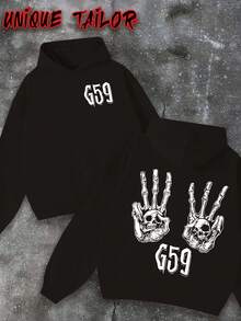 Unique Tailor - Men's Thick Velvet Hoodie With "G59" Skeleton Hand Gesture Pattern, Geometric Abstract Print, Front Pocket - Soft And Warm Hoodie, Loose Sports And Leisure Winter Jacket, Machine Washable Long Sleeve Hoodie Suitable For Daily Wear - 黑色 - 查看 1