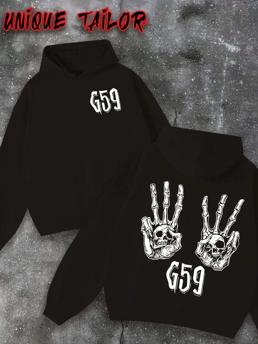 Unique Tailor - Men's Thick Velvet Hoodie With "G59" Skeleton Hand Gesture Pattern, Geometric Abstract Print, Front Pocket - Soft And Warm Hoodie, Loose Sports And Leisure Winter Jacket, Machine Washable Long Sleeve Hoodie Suitable For Daily Wear - 黑色 - 查看 1