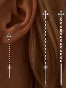 2 PCS S925 Sterling Silver Earrings Fashionable Personalized Smooth Cross Earrings For Women Birthday Party Gifts Daily Vacation Accessories