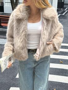 女士冬季优雅简约长袖皮草外套，保暖百搭气质 - 卡其色 - 查看 5