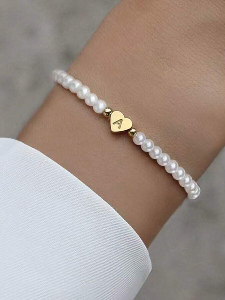 1pc Elastic Faux Pearl Letter A M Elegant Bracelet For Women (Handmade Beaded, Bead Quantity May Vary Slightly)