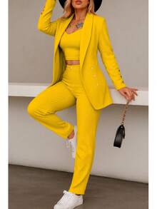 Conjunto elegante de blazer y pantalón de manga larga con cuello chal y doble botonadura para mujer, tejido elástico medio. - Amarillo - Ver 3