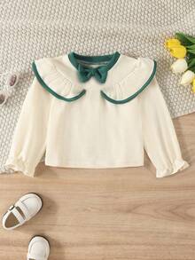 女小童撞色滾邊誇大領口荷葉袖前蝴蝶結上衣和褲子 - 綠色 - 查看 6