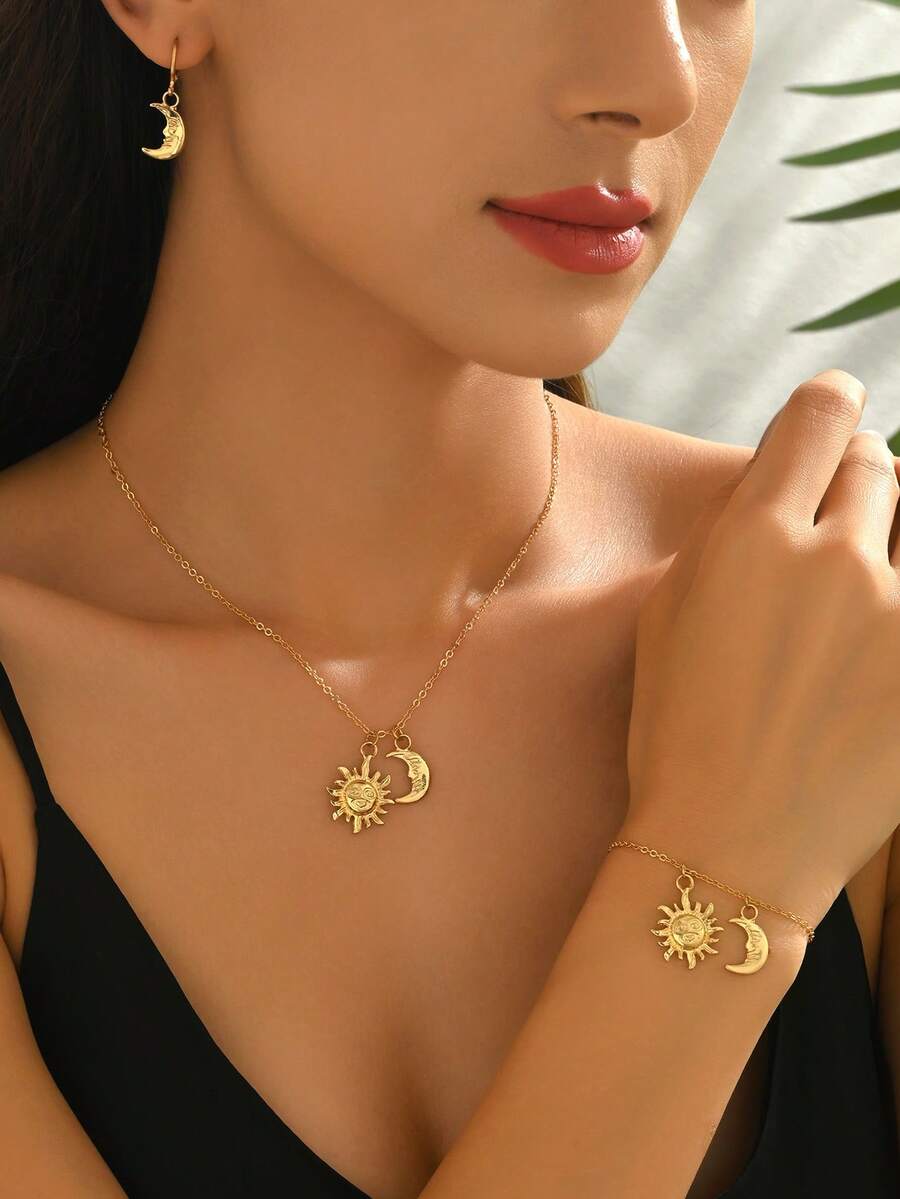 1 Set Damen Vintage modischer Metall Sonne & Mond Kombinations-Armband, Halskette, Ohrringe, kreativ & vielseitig für den täglichen Gebrauch