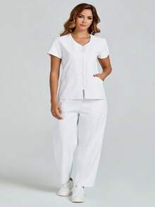 Plus Size Women's White Zipper Lab Coat Nurse Scrub Uniform Scrubs Suit, Includes Top And Pants With Pockets, Suitable For Beauty Salon, Dental Clinic, Veterinary Hospital