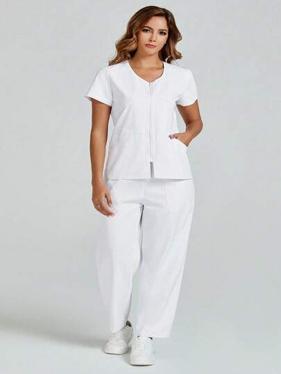 Plus Size Women's White Zipper Lab Coat Nurse Scrub Uniform Scrubs Suit, Includes Top And Pants With Pockets, Suitable For Beauty Salon, Dental Clinic, Veterinary Hospital