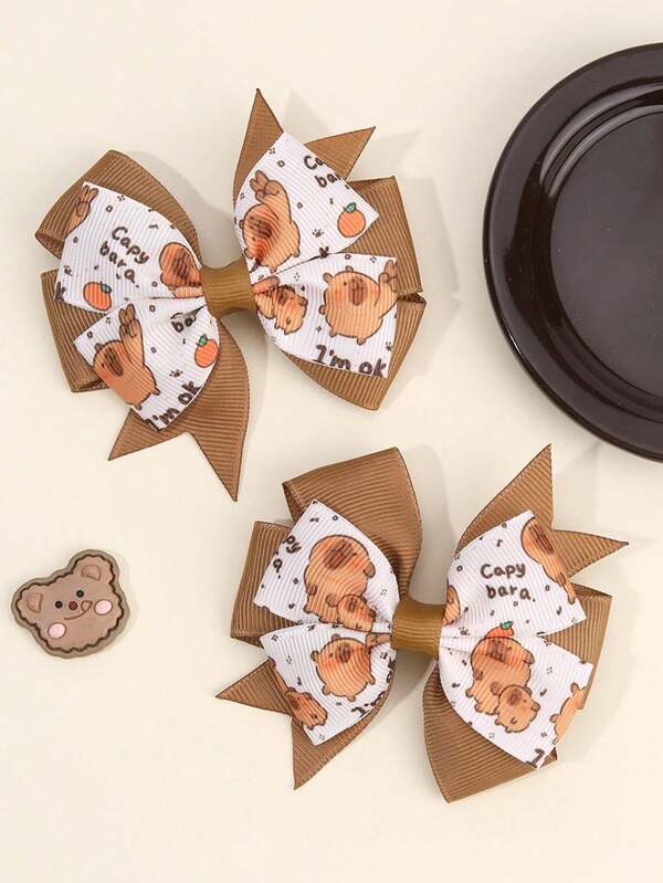 2pcs Capybara Print Hair Bows For Girls Cute Capybara Bow Hair Clips Brown Grosgrain Ribbon Bow Hairpins Holiday Birthday Party Headpiece Baby Hair Accessories