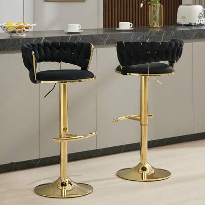 Bar Stools Set Of 2, Swivel Bar Chairs With Low Back, Modern Velvet Woven Barstools With Gold Metal Leg, Adjustable Counter Height Bar Stools For Kitchen Island, Dining Room
