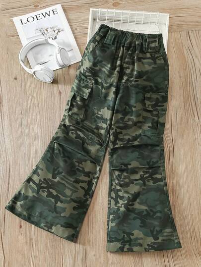 女童迷彩工装阔腿裤，带口袋，3D设计，宽松直筒裤型，适合上学、户外活动、日常穿着，春夏秋季皆宜，适合8-14岁女孩。