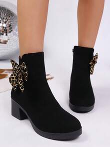 بوت كاحل للنساء بفيونكة سوداء وسحاب جانبي، كعب سميك، رأس مستدير، سحاب جانبي، كاجوال/للتنقل، خريف/شتاء