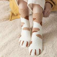 1/3/6 Pairs Of Women'S Multi-Color Autumn And Winter Cute Fun Cat Claw Socks Coral Fleece Mid-Tube Socks Sleep Thick Warm Sweet Floor Socks - Multicolor - View 3