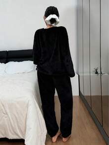 Dreamivo 2 件套简约羊毛睡衣套装，秋冬保暖纯色圆领上衣和松紧腰裤，女士睡衣 - 黑色 - 查看 2