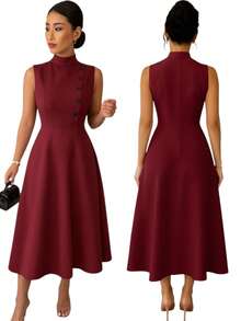 Women's Elegant Evangelical Sleeveless Midi Dress, High Neck With Side Buttons, Chic Tailoring, Casual And Party Wedding Dress - 酒紅色 - 查看 1