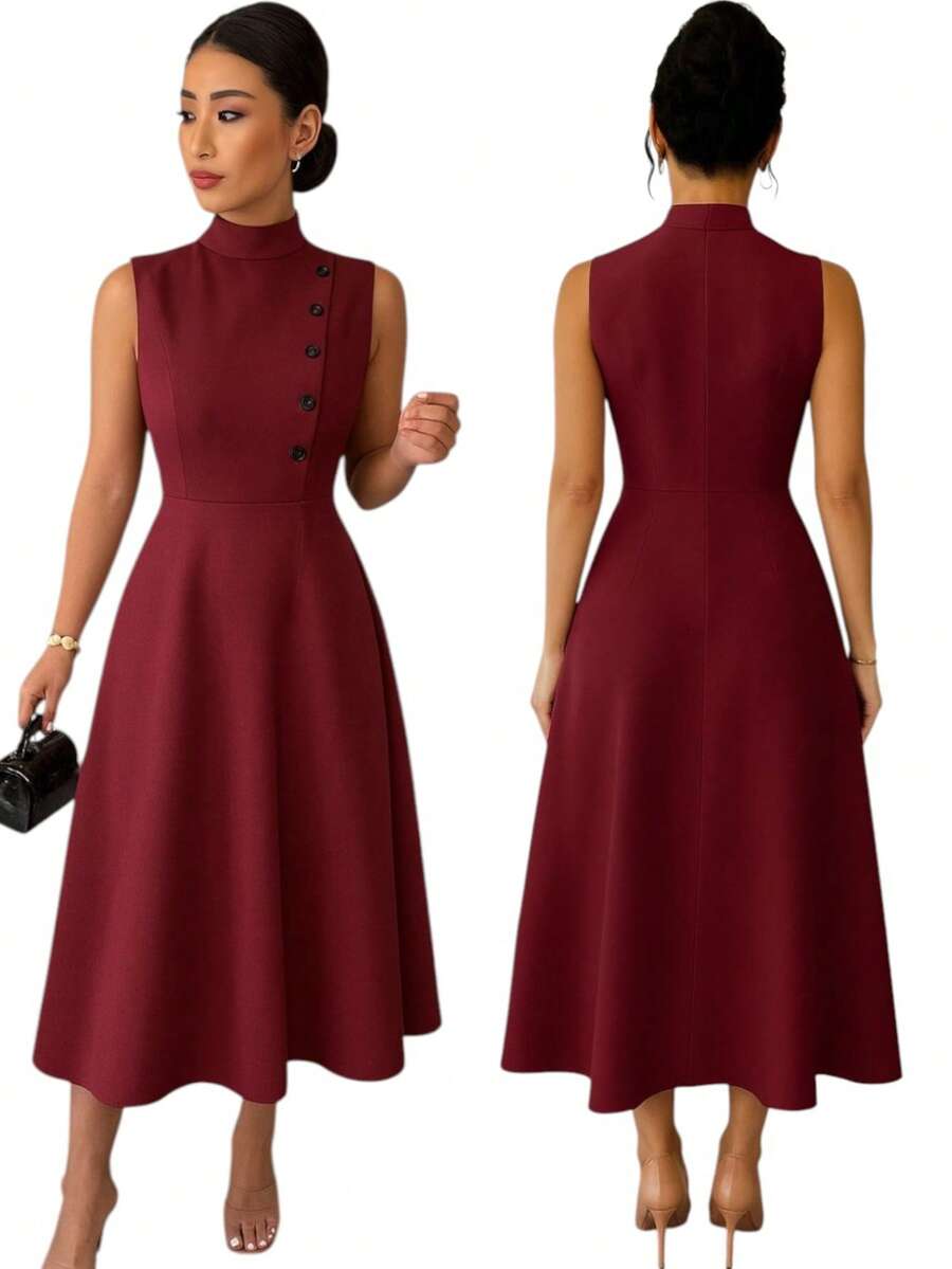 Women's Elegant Evangelical Sleeveless Midi Dress, High Neck With Side Buttons, Chic Tailoring, Casual And Party Wedding Dress - 酒紅色 - 查看 1