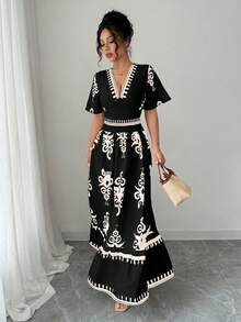 Mujeres Vintage Impreso Cuello en V Cintura Cincha A-Line Hem Vestidos,vestidos elegantes para dama - Negro - Ver 6