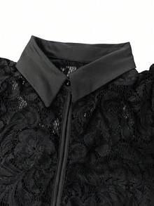 Vestido elegante de manga larga, ajustado, con diseño de encaje en escote en V para primavera/verano, vestido de fiesta - Negro - Ver 5