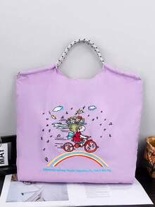 1 件新款休闲刺绣彩虹女孩图案轻质尼龙大容量购物手提包，适合通勤、派对、单肩和斜挎 - 彩色 - 查看 3