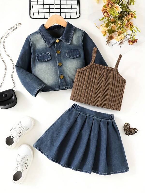 3pcs Girls Casual Denim Set: Long Sleeve Lapel Button Faux Pocket Denim Jacket, Cropped Top, And Denim Skirt, Suitable For Spring, Summer, Autumn