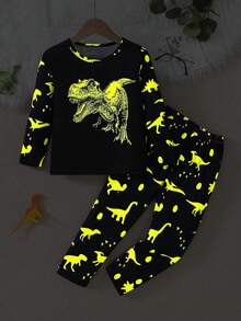 Young BoyComfortable Cartoon Dinosaur Pattern Luminous Long Sleeve + Long Pants Home Outfit Set (Glowing Only Under UV Light)