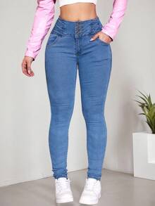 女式交叉带高腰修身休闲牛仔裤 - 淺色水洗藍 - 查看 2