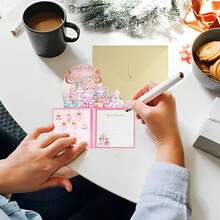 3D Pop Up Card 2Pcs/1Set(1Pc 3D Card+1Pc 2D Memo Card) With 3D Snowman Pink Christmas Trees Flower, Xmas Tree Pop Up Foldable 3D Gift Box With Envelope,Christmas Ornaments Christmas Gifts For Women Funny Gifts