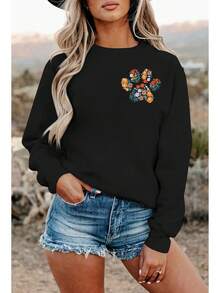 HEBBE Sudaderas Con Diseño Floral De Perro Para Mamá, Sudadera Con Diseño De Pata De Perro Bordada, Suéter De Gran Tamaño - Oscuro - Ver 3