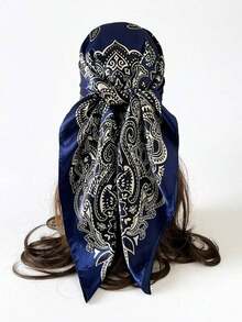 1pc Women's 90cm Paisley Printed Bandana, Simulated Silk Headband, Large Square Scarf, Versatile Hair Band And Headband, Fashion Neck Wrap, Ideal For Dressing Up Your Look, Casual Or Elegant Outfits, Daily Wear, Travel, And Chic Gift Idea - 黑色 - 查看 11