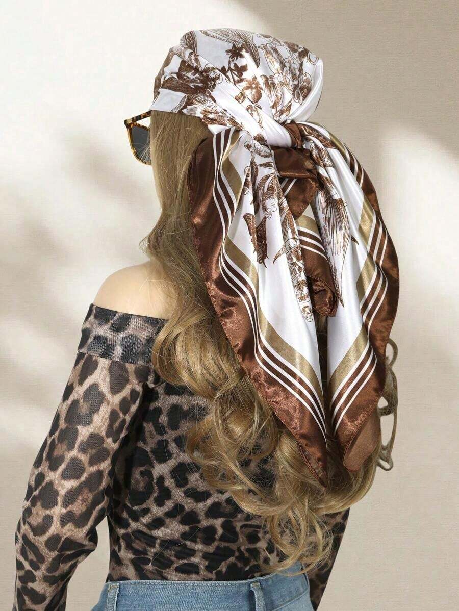 1pc Women's Geometric Satin Square Scarf – Fashionable Headband & Hairband, Elegant Bandana For Outdoor & Daily Wear, Perfect Valentine's Day Gift - 棕色 - 查看 1
