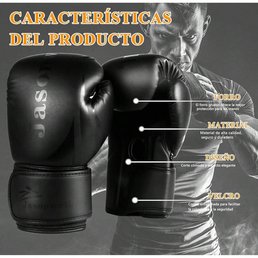 Jasonwell Guantes de Box 10 12 14 16 Oz para Entrenamiento y Costal - Protector Bucal Incluido - Absorción de Impactos para Boxeo, Kickboxing y Gym - Negro - Ver 1